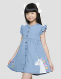 Little M Lengan Ruffle Bordir Unicorn Midi Dress Lengan Pendek Anak Perempuan
