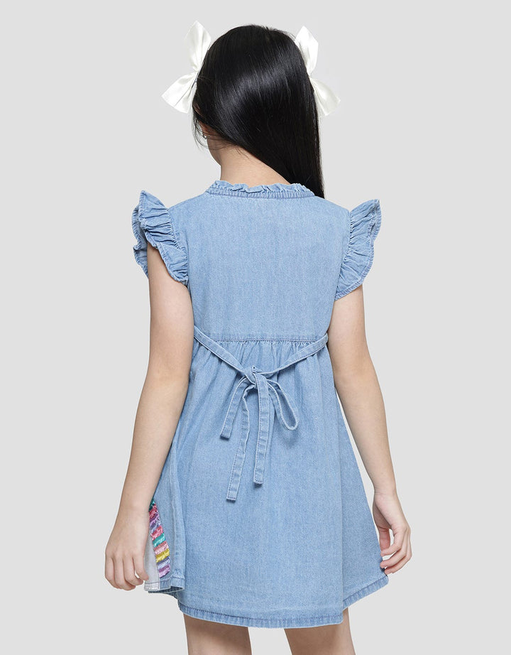 Little M Lengan Ruffle Bordir Unicorn Midi Dress Lengan Pendek Anak Perempuan