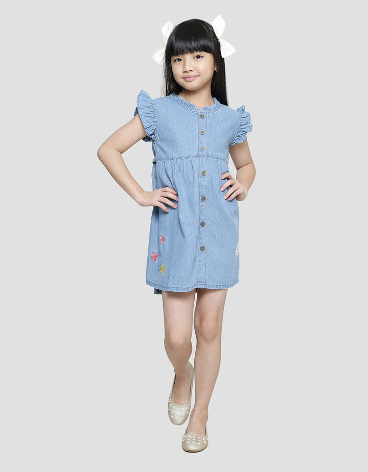 Little M Lengan Ruffle Bordir Unicorn Midi Dress Lengan Pendek Anak Perempuan