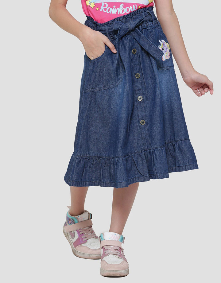 Little M Paperbag Unicorn Embroidery Belt Midi Skirt for Girls