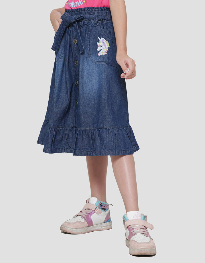 Little M Paperbag Unicorn Embroidery Belt Midi Skirt for Girls