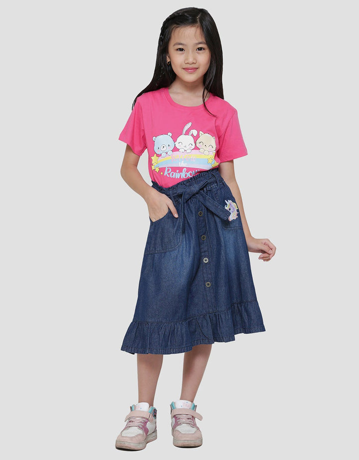 Little M Paperbag Unicorn Embroidery Belt Midi Skirt for Girls
