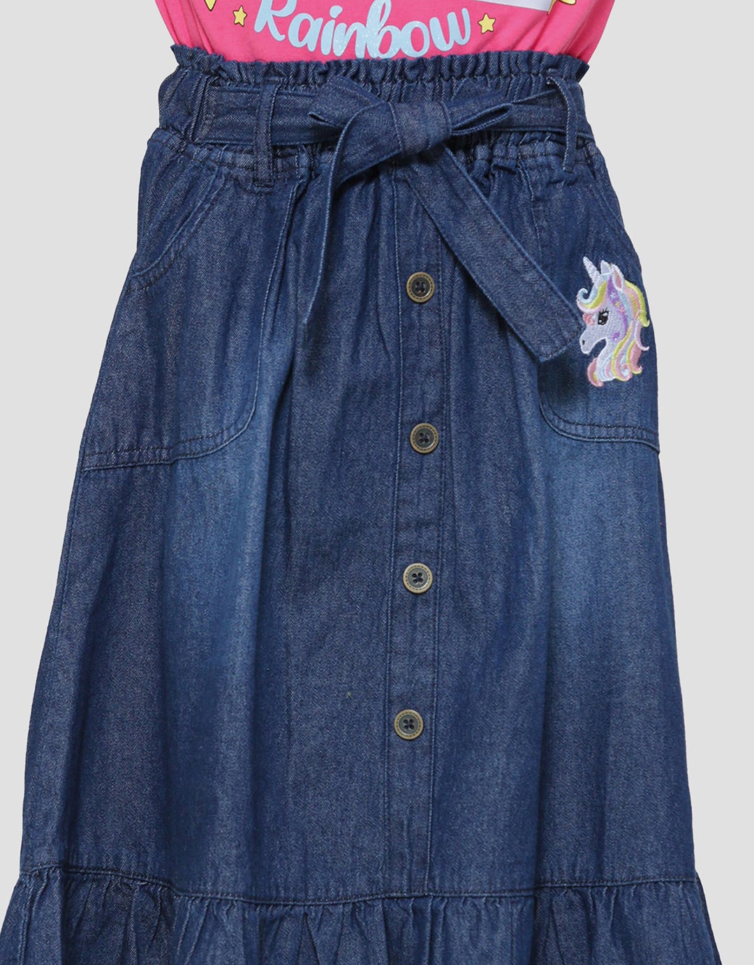 Little M Paperbag Unicorn Embroidery Belt Midi Skirt for Girls