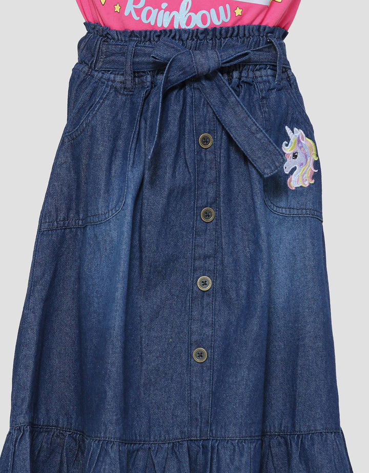 Little M Paperbag Unicorn Embroidery Belt Midi Skirt for Girls