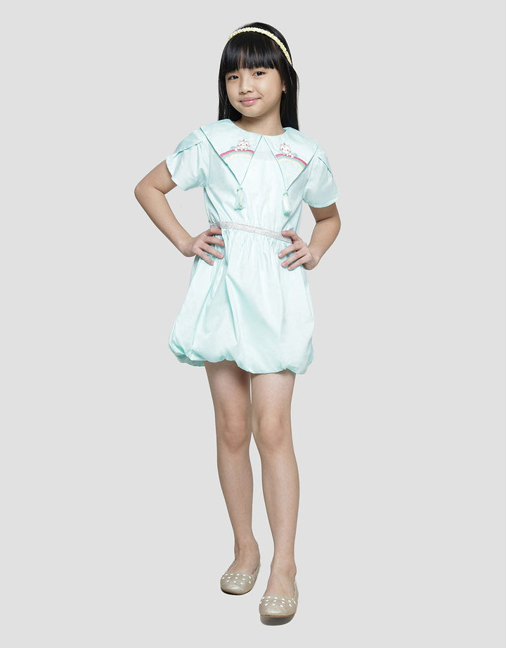 Little M Embroidery Collar Tassle Balloon Skirt Midi Dress Short Sleeve Girls
