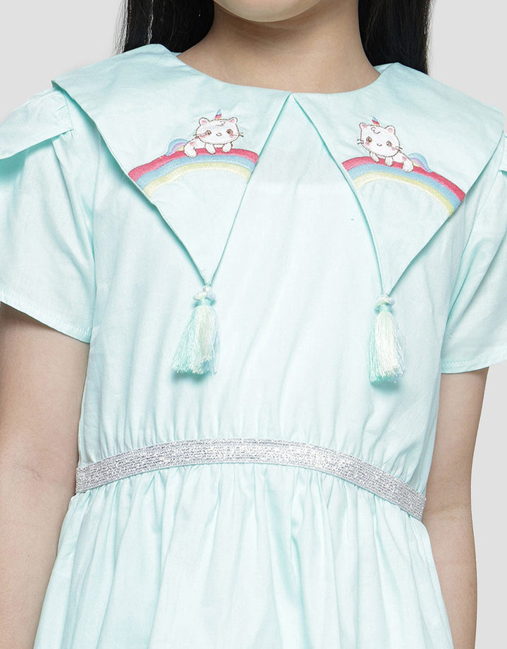 Little M Embroidery Collar Tassle Balloon Skirt Midi Dress Short Sleeve Girls