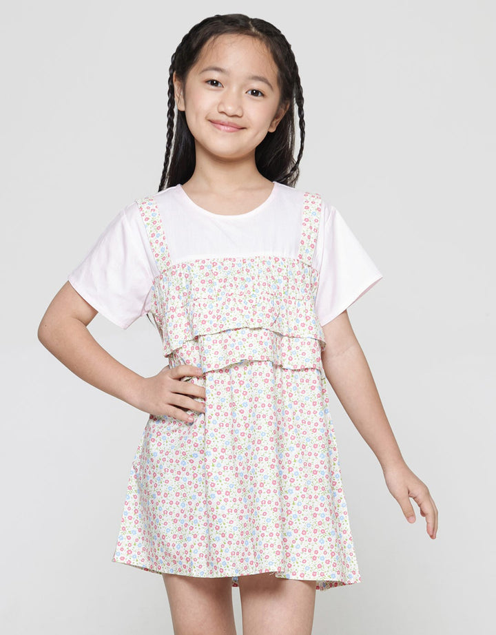 Little M Ruffle Floral Print Midi Dress Lengan Pendek Anak Perempuan