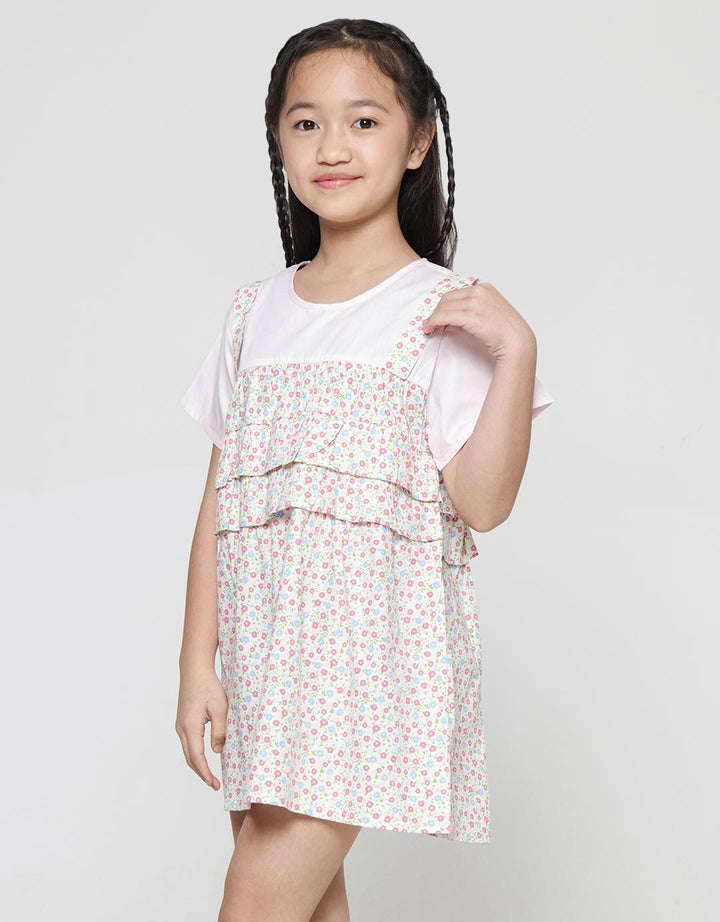Little M Ruffle Floral Print Midi Dress Lengan Pendek Anak Perempuan