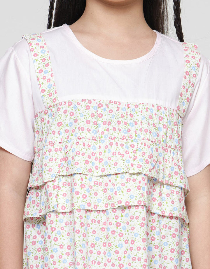 Little M Ruffle Floral Print Midi Dress Lengan Pendek Anak Perempuan