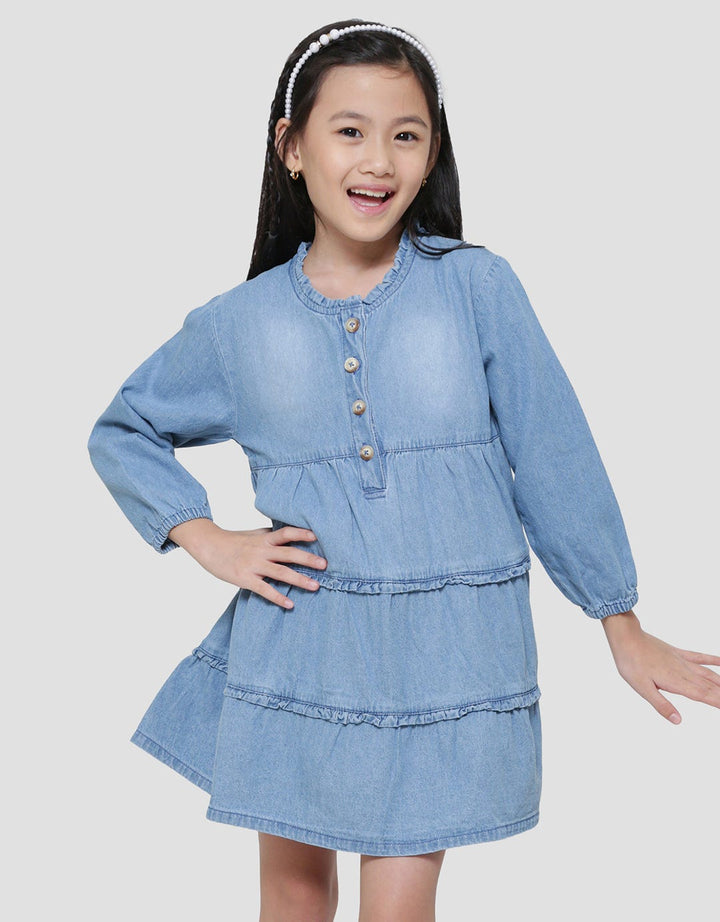 Little M  Polos Ruffle Tumpuk Kancing Depan Midi Dress Denim Anak Perempuan