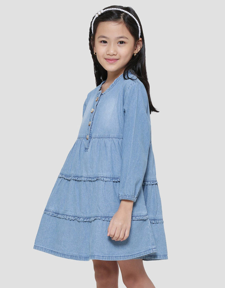 Little M  Polos Ruffle Tumpuk Kancing Depan Midi Dress Denim Anak Perempuan