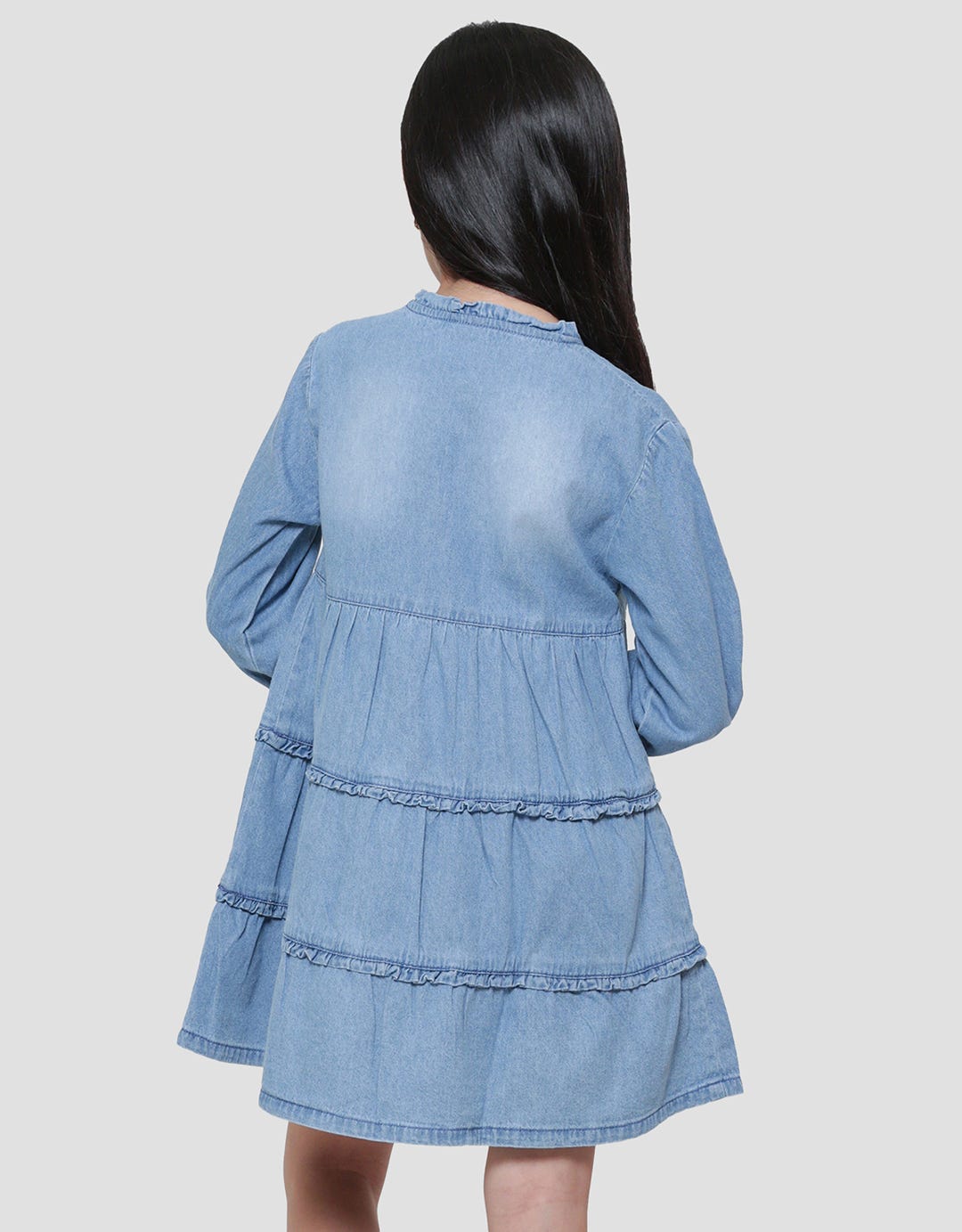 Little M  Polos Ruffle Tumpuk Kancing Depan Midi Dress Denim Anak Perempuan
