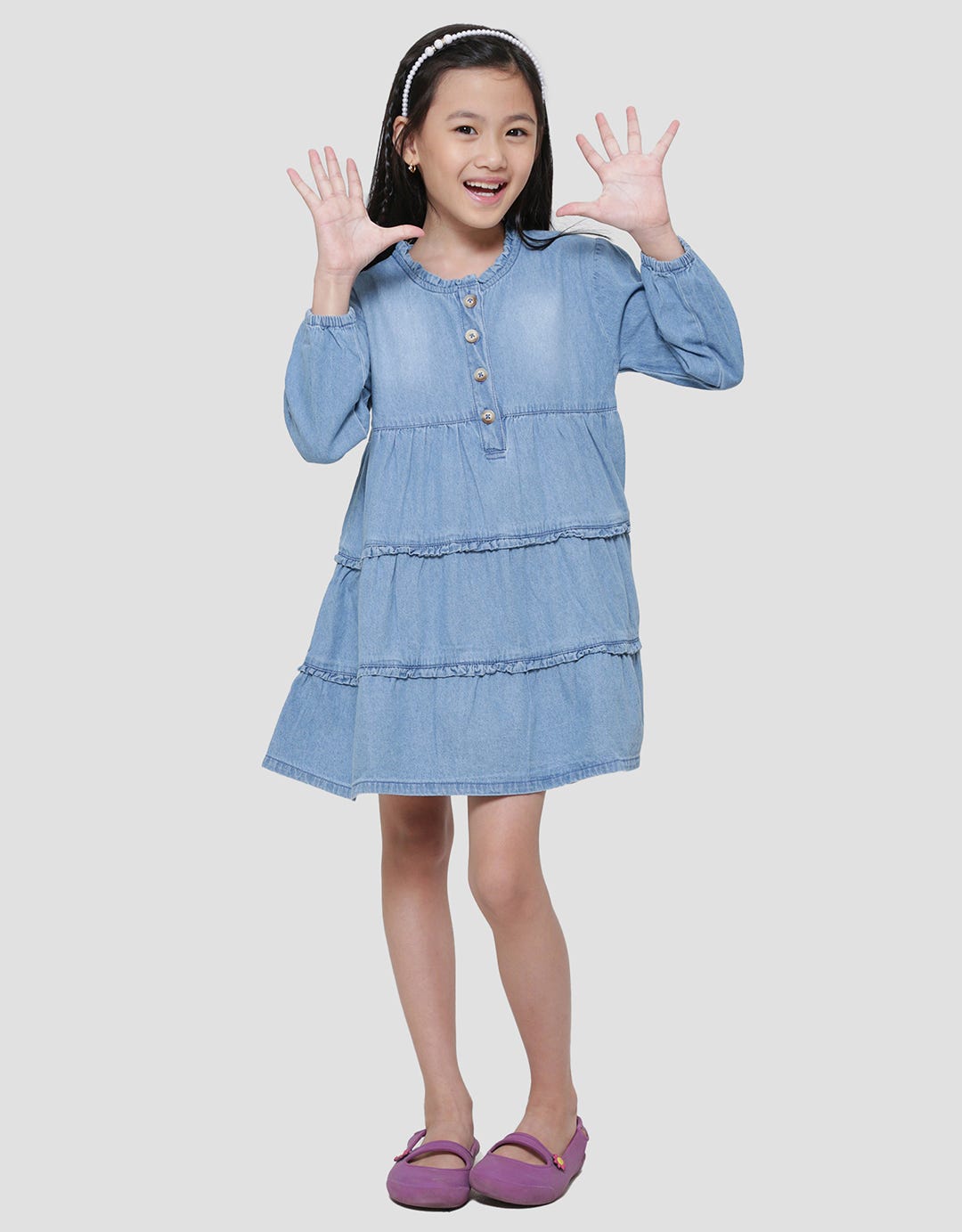Little M  Polos Ruffle Tumpuk Kancing Depan Midi Dress Denim Anak Perempuan