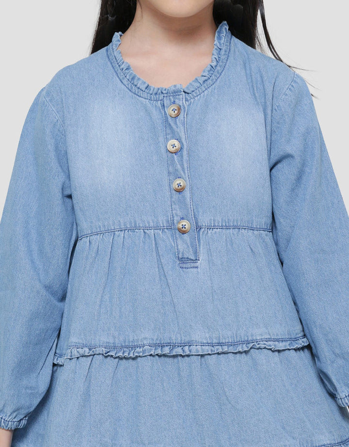 Little M  Polos Ruffle Tumpuk Kancing Depan Midi Dress Denim Anak Perempuan