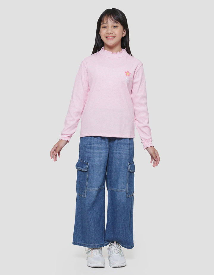 Nevada Rib Knit Embro Flower Girls Long Sleeve T-Shirt