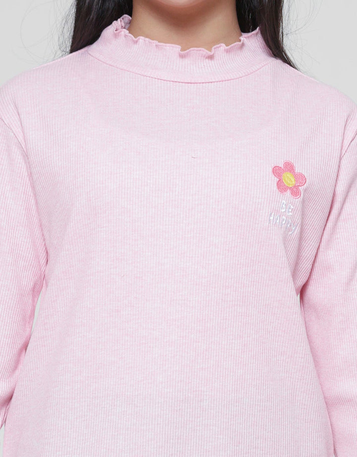 Nevada Rib Knit Embro Flower Girls Long Sleeve T-Shirt