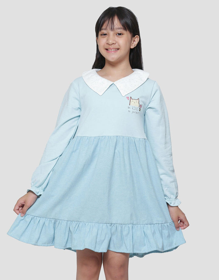 Nevada Knit Collar Combination Woven Oxford Midi Dress for Girls