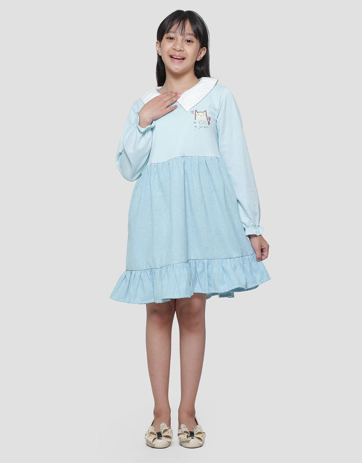 Nevada Knit Collar Combination Woven Oxford Midi Dress for Girls