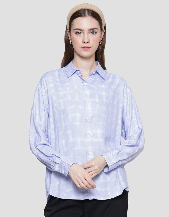 Nevada Check Rayon Twill Kemeja Lengan Panjang Wanita