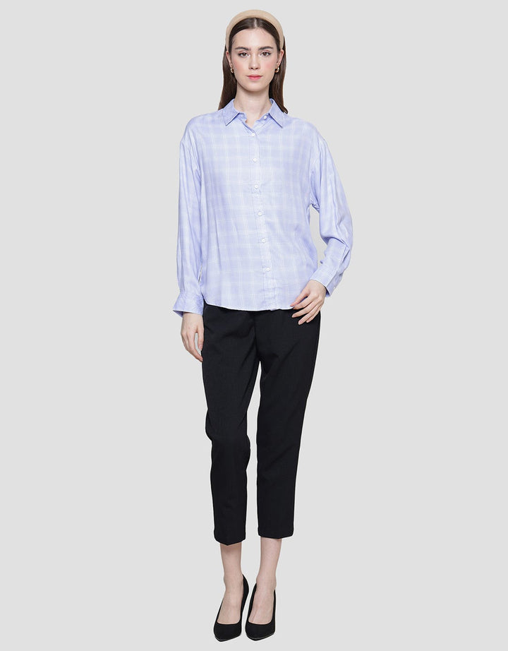 Nevada Check Rayon Twill Kemeja Lengan Panjang Wanita