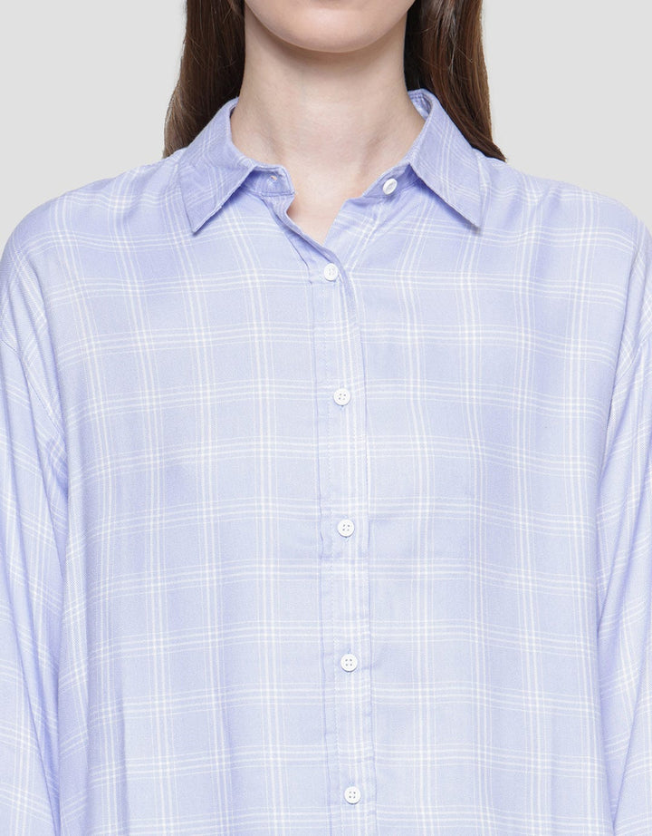 Nevada Check Rayon Twill Kemeja Lengan Panjang Wanita