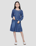 Nevada Midi Dress Denim Anak Perempuan With Embro Stripes With Tali Pinggang