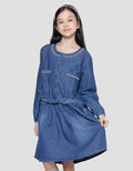 Nevada Midi Dress Denim Anak Perempuan With Embro Stripes With Tali Pinggang