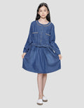 Nevada Midi Dress Denim Anak Perempuan With Embro Stripes With Tali Pinggang