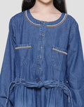 Nevada Midi Dress Denim Anak Perempuan With Embro Stripes With Tali Pinggang