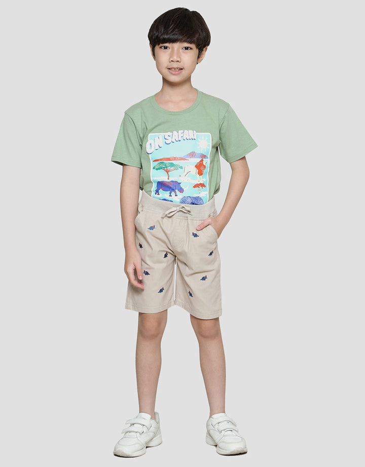 Little M Woven Pinggang Rib Bordir Celana Pendek Anak Laki-laki
