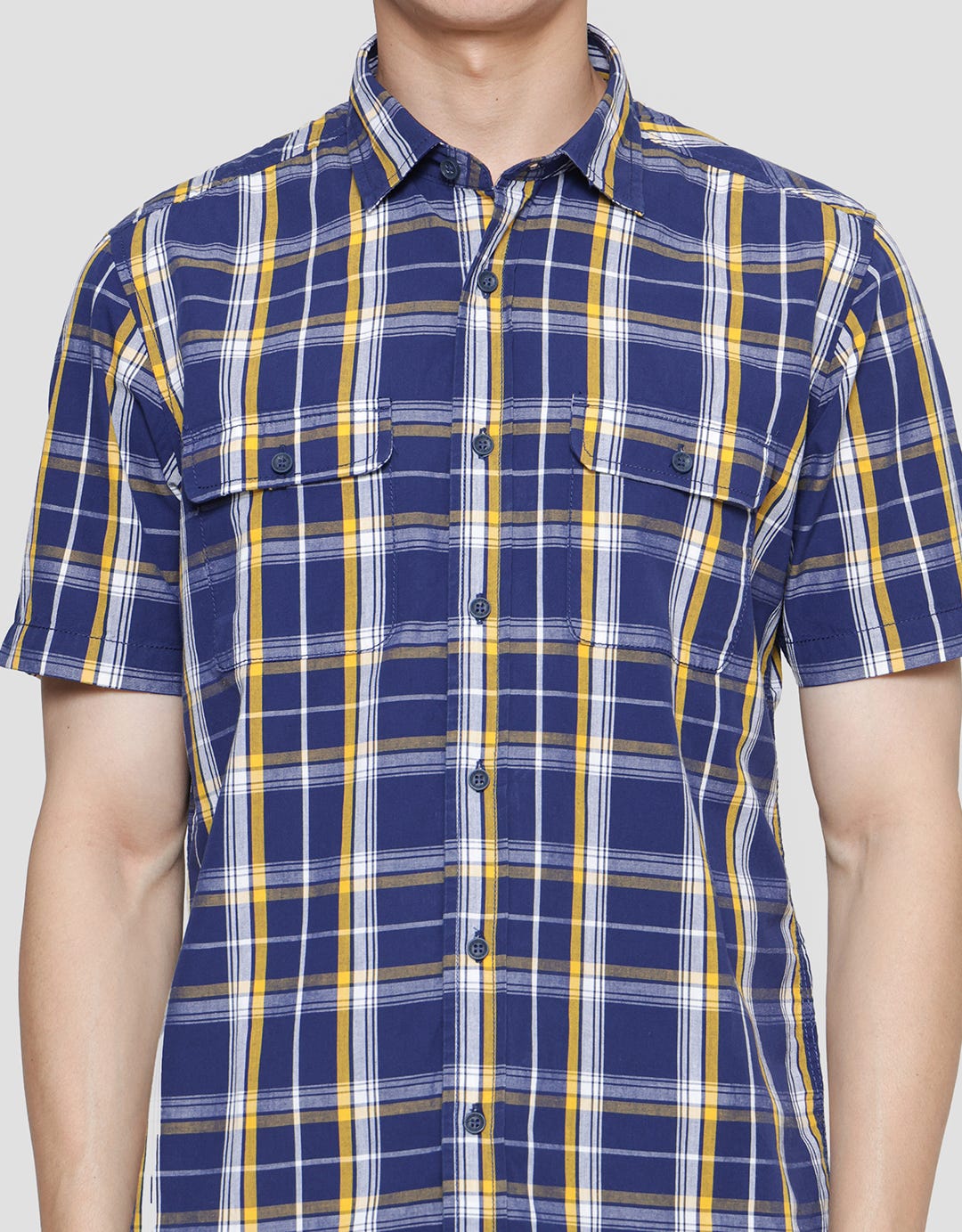 Lois Plaid Print Double Pocket Kemeja Pria