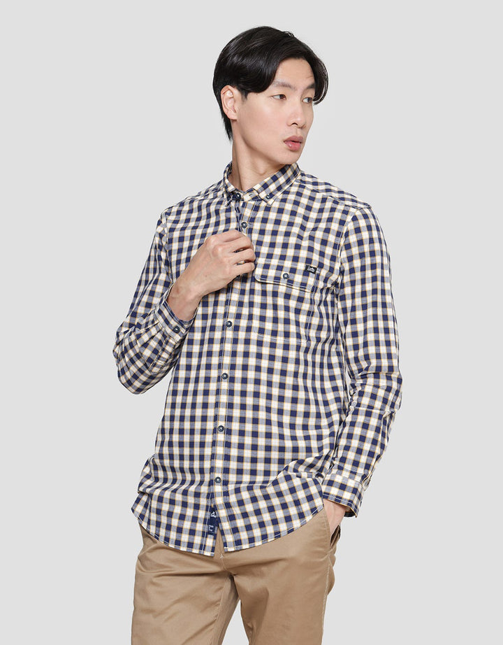 Lois Small Plaid Print Kemeja Lengan Panjang Pria