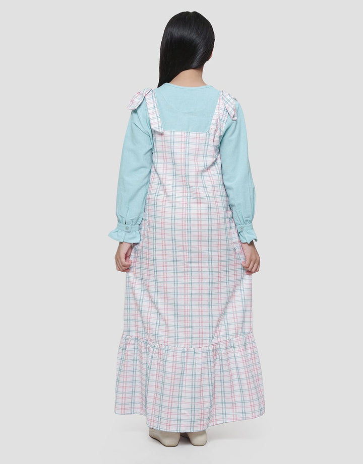 Sweet Miss Design Overall Kotak-Kotak Maxi Dress Lengan Panjang Anak Perempuan