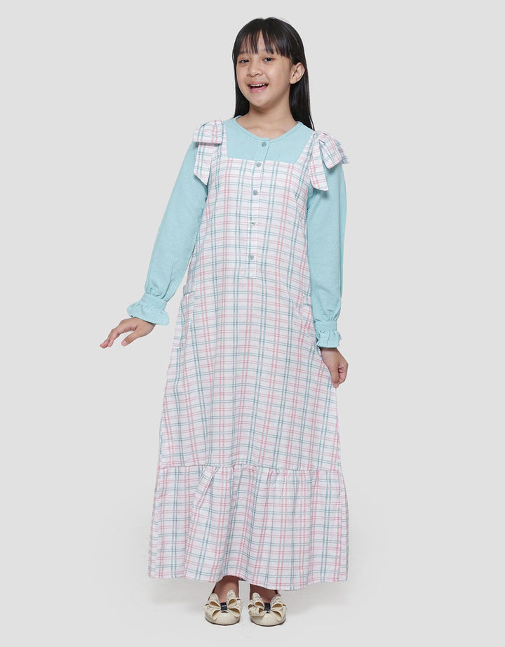Sweet Miss Design Overall Kotak-Kotak Maxi Dress Lengan Panjang Anak Perempuan