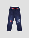 Little M Rib Embroidered Fire Rescue Non Stretch Boys Denim Pants