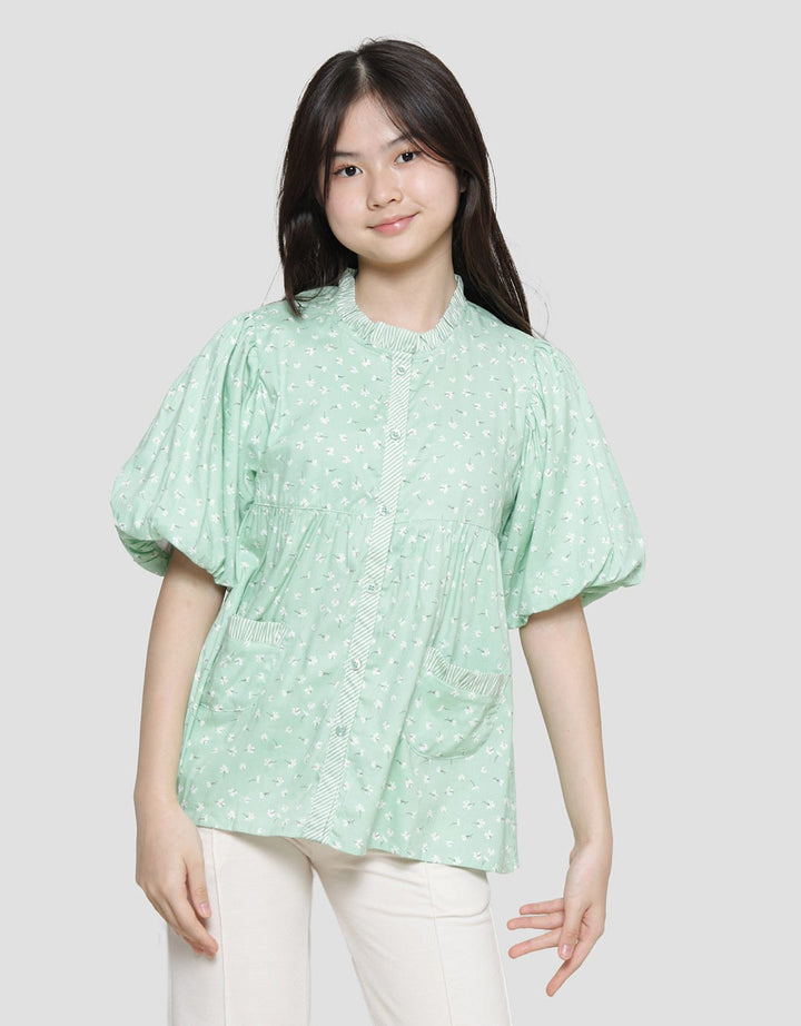Nevada Balloon Sleeves With Flowers Print Girls Shirt