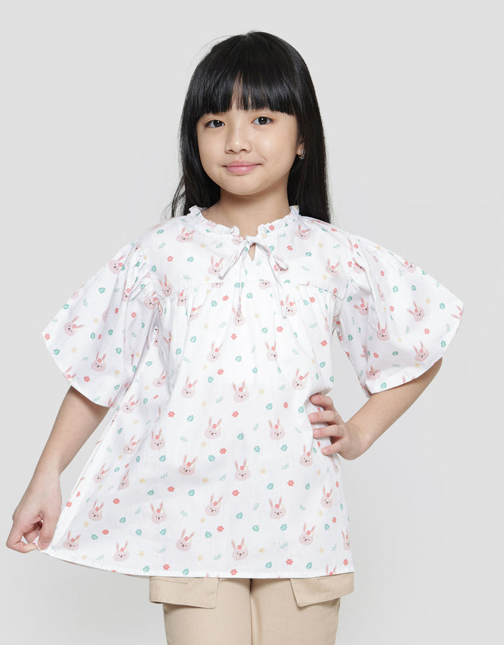 Little M Balloon Sleeve Rabbit Print Girls Blouse