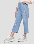 Little M Varsity Bordir Handuk Kantong Celana Panjang Denim Anak Perempuan