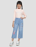 Little M Varsity Bordir Handuk Kantong Celana Panjang Denim Anak Perempuan