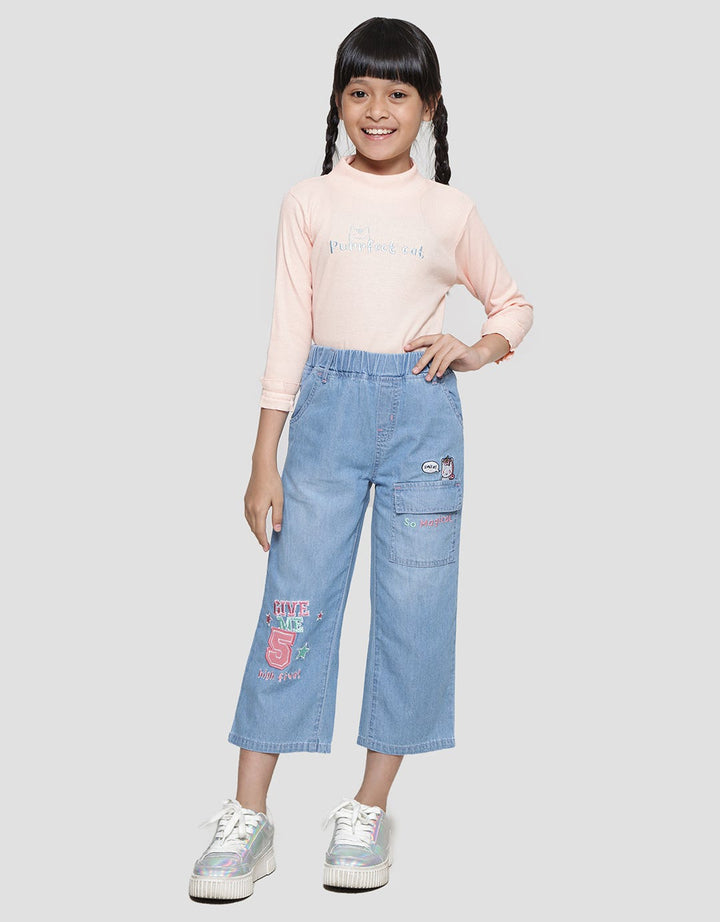 Little M Varsity Bordir Handuk Kantong Celana Panjang Denim Anak Perempuan