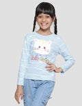 Little M Stripe Hello Cute Cat Kaos Lengan Panjang Anak Perempuan