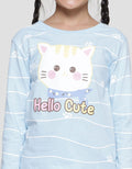Little M Stripe Hello Cute Cat Kaos Lengan Panjang Anak Perempuan