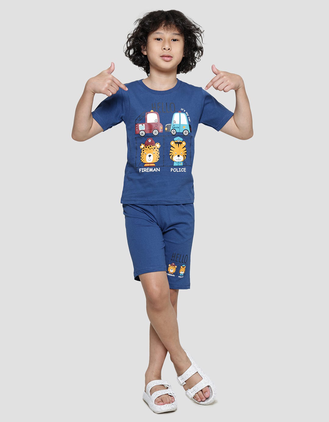 Little M Hello Police Print Baju Setelan Anak Laki-laki