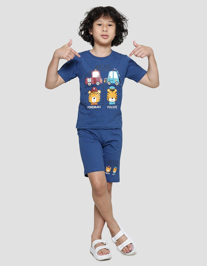 Little M Hello Police Print Baju Setelan Anak Laki-laki