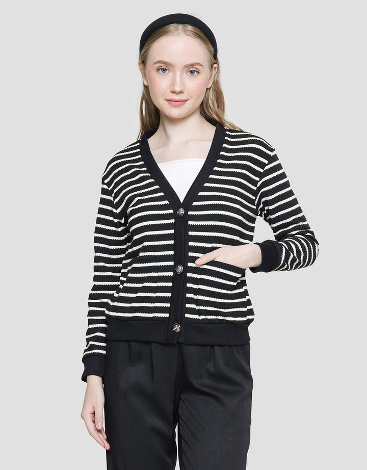 Details Stripes Knit With Korean Button Kardigan Wanita