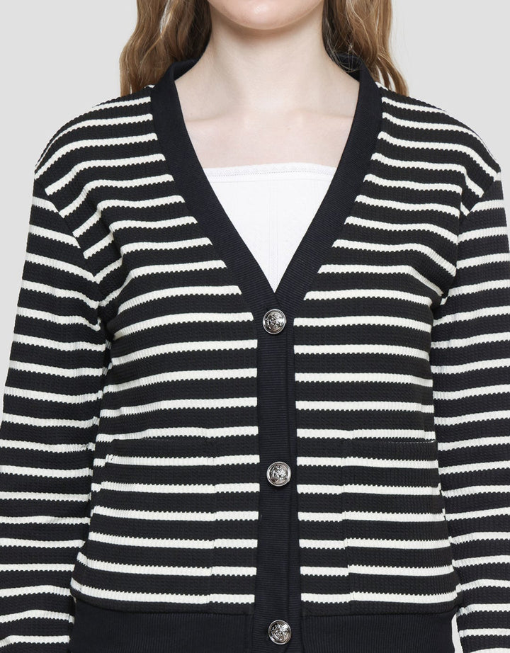 Details Stripes Knit With Korean Button Kardigan Wanita