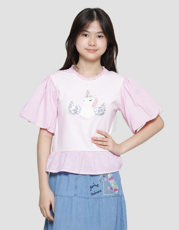 Aero Knit Aplikasi Unicorn Kemeja Lengan Pendek Anak Perempuan