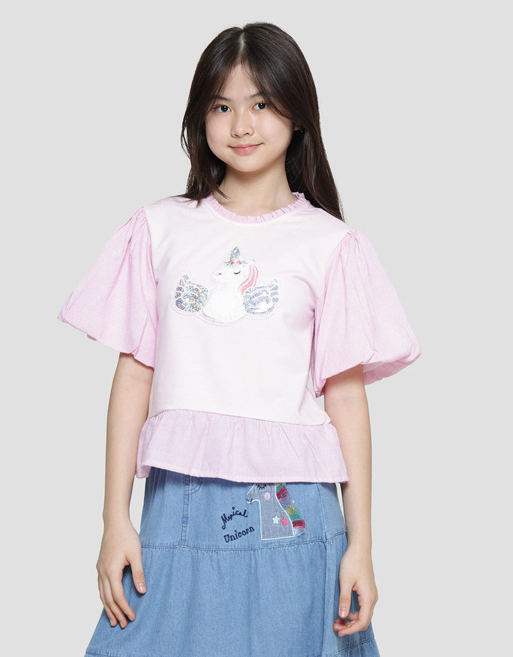 Aero Knit Aplikasi Unicorn Kemeja Lengan Pendek Anak Perempuan