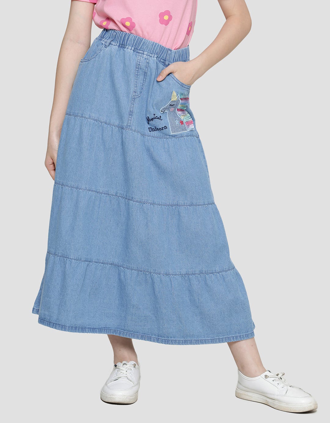 Aero Susun Bordir Unicorn Rok Panjang Denim Anak Perempuan