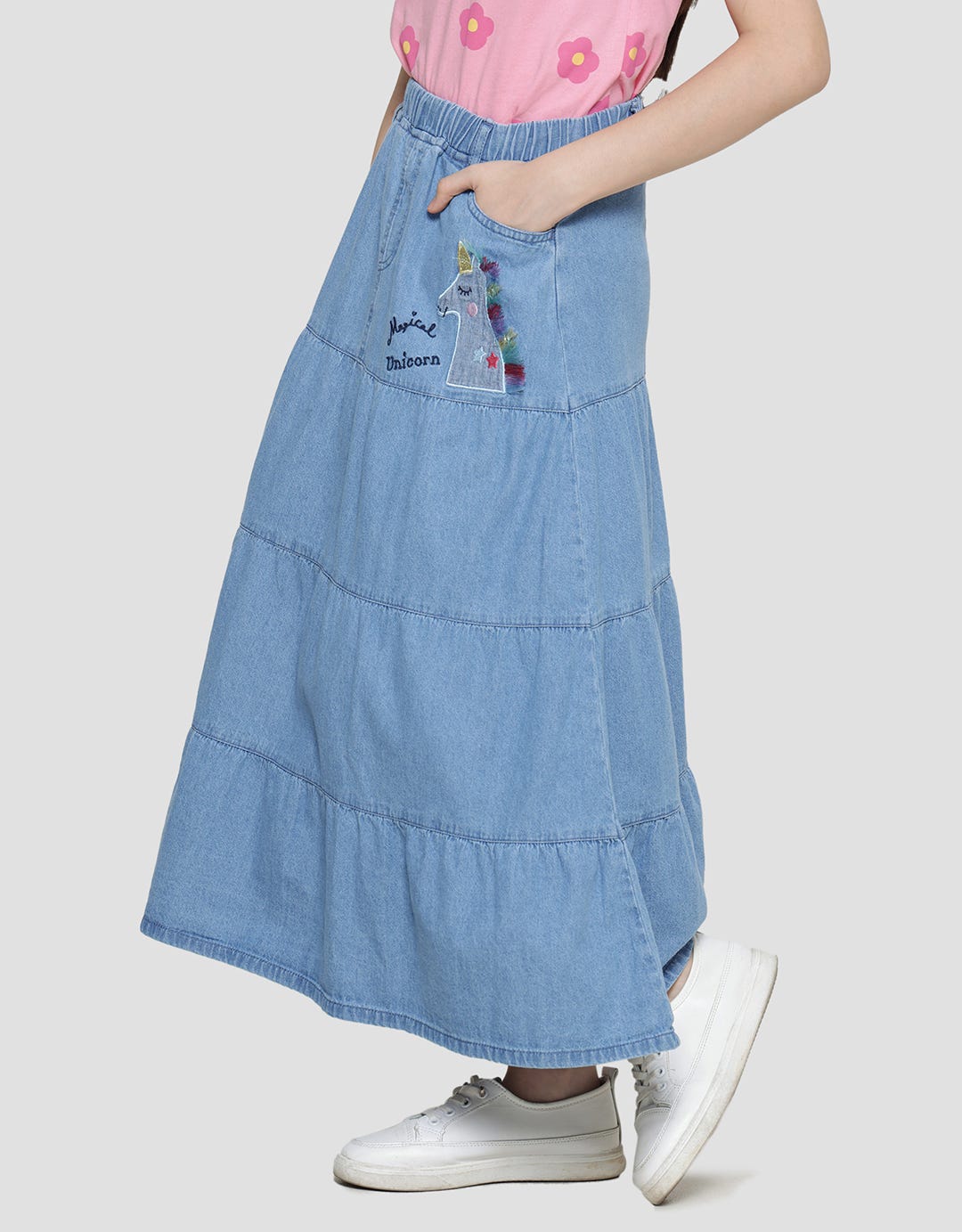 Aero Susun Bordir Unicorn Rok Panjang Denim Anak Perempuan
